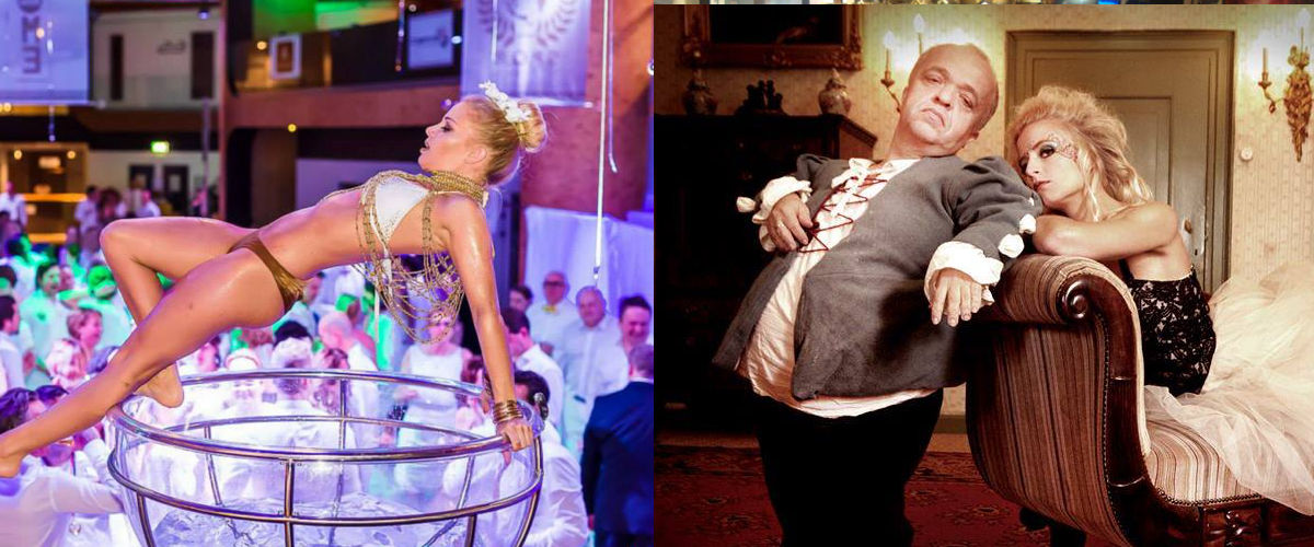 Een mooie danseres in een Gigantisch Groot Champagneglas